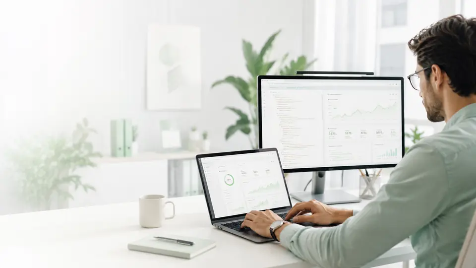 Consultant travaillant sur des tableaux de bord SEO et de performance